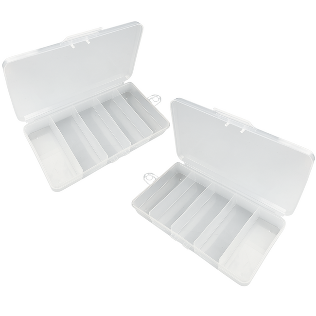 2 Pack Clear Plastic Boxes | 5 Compartments Each | 1.25" x 3.5" Sections | 3.5" x 7" Overall Size | Versatile Home Organizer with Hanging Hook