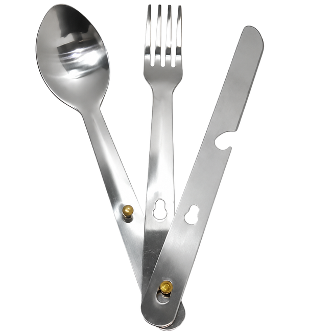 3-Piece Stainless Steel Camping Cutlery Set, Fork Spoon & Knife with Bottle Opener, 6-Inch Portable Utensil Set with Vinyl Snap Pouch for Camping, Hiking & Travel - TP-18192