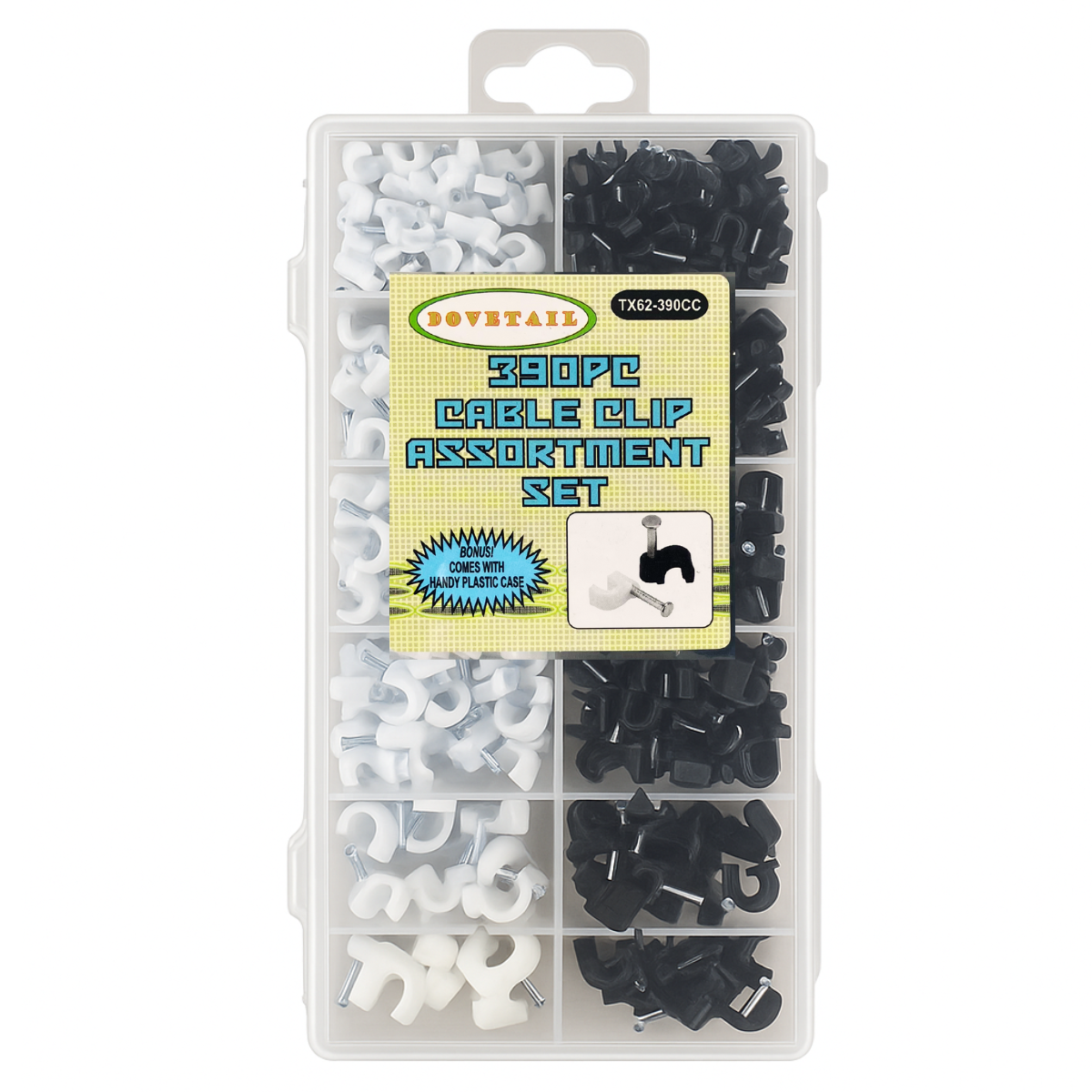 390 Pc Cable Clip Assortment Set – Black & White Plastic Wire Clips with Steel Nails, 6 Sizes (4mm–12mm) for Cable Management, Electrical & Home Wiring