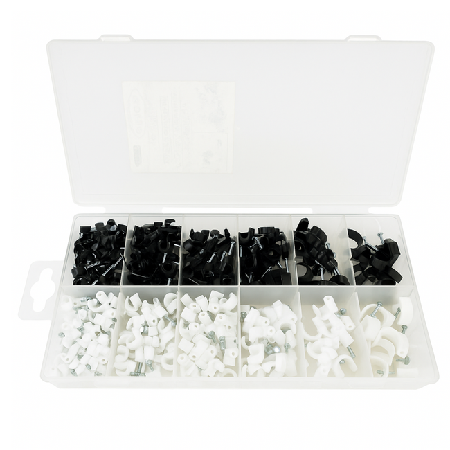 390 Pc Cable Clip Assortment Set – Black & White Plastic Wire Clips with Steel Nails, 6 Sizes (4mm–12mm) for Cable Management, Electrical & Home Wiring