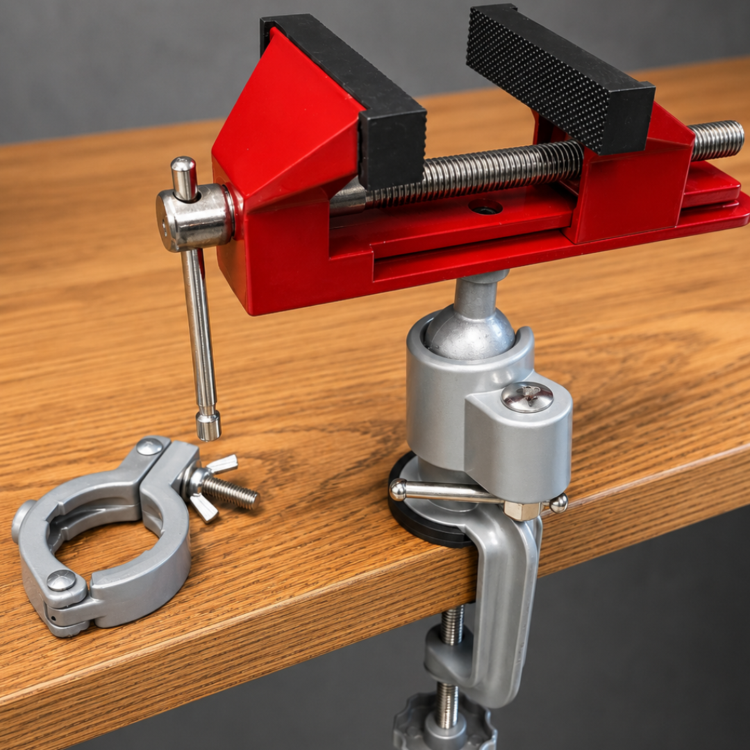 Multi-Angle Drill & Vise Clamp – 360° Rotating Swivel Bench Vise with Drill Holder, 4" Jaw Opening, Heavy-Duty Cast Aluminum Table Clamp for Drilling, Grinding, Polishing & Workshop Use