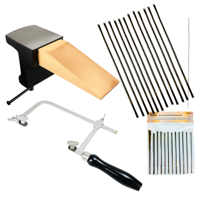 Jeweler’s Precision Cutting & Bench Kit — Adjustable Saw Frame + 144-Piece Saw Blades & Bench Anvil