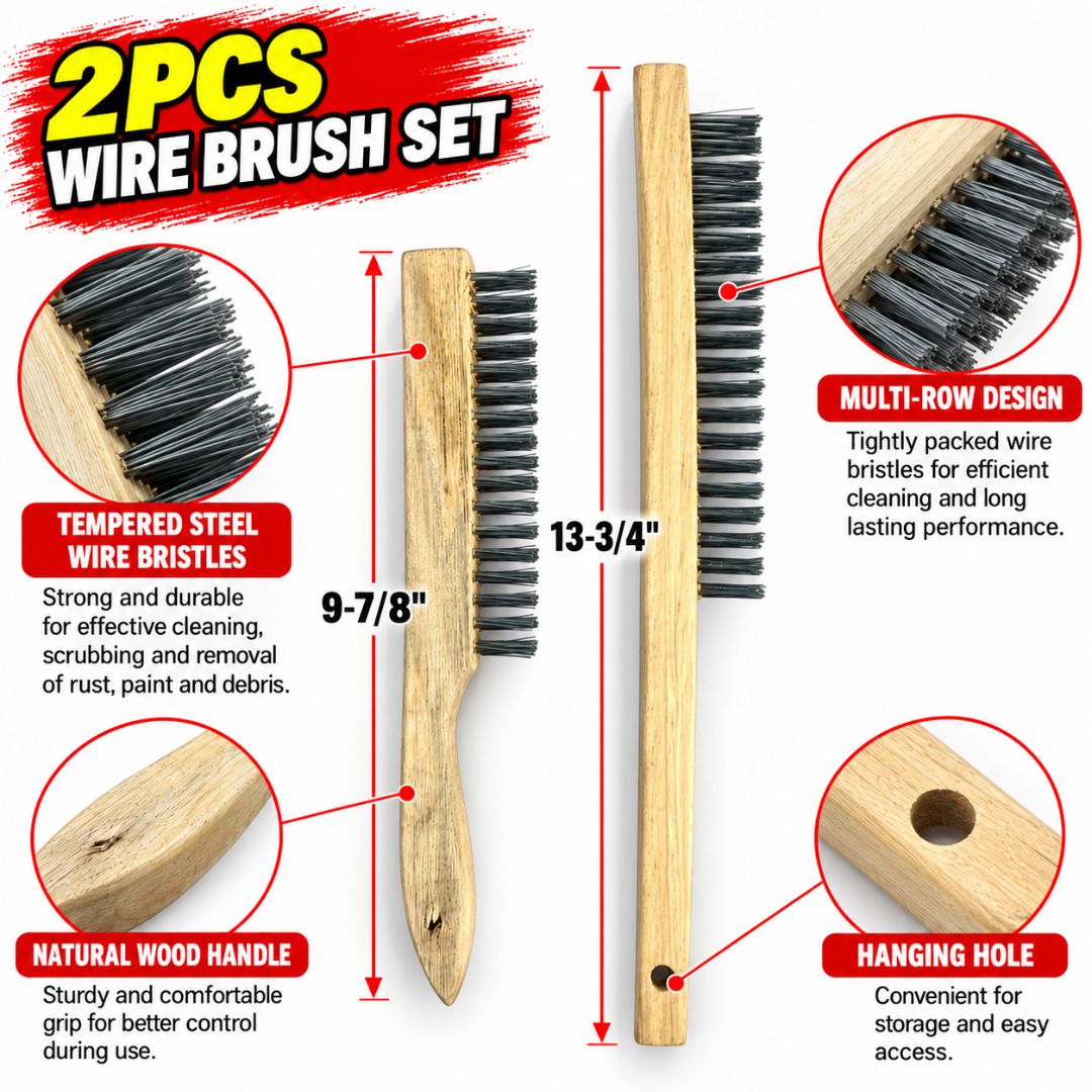 2-Piece Heavy Duty Wire Brush Set with Tempered Steel Bristles, 13-3/4" and 9-7/8" Wooden Handle Brushes for Rust, Paint & Metal Cleaning