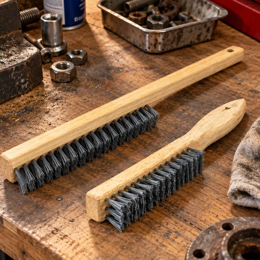 2-Piece Heavy Duty Wire Brush Set with Tempered Steel Bristles, 13-3/4" and 9-7/8" Wooden Handle Brushes for Rust, Paint & Metal Cleaning