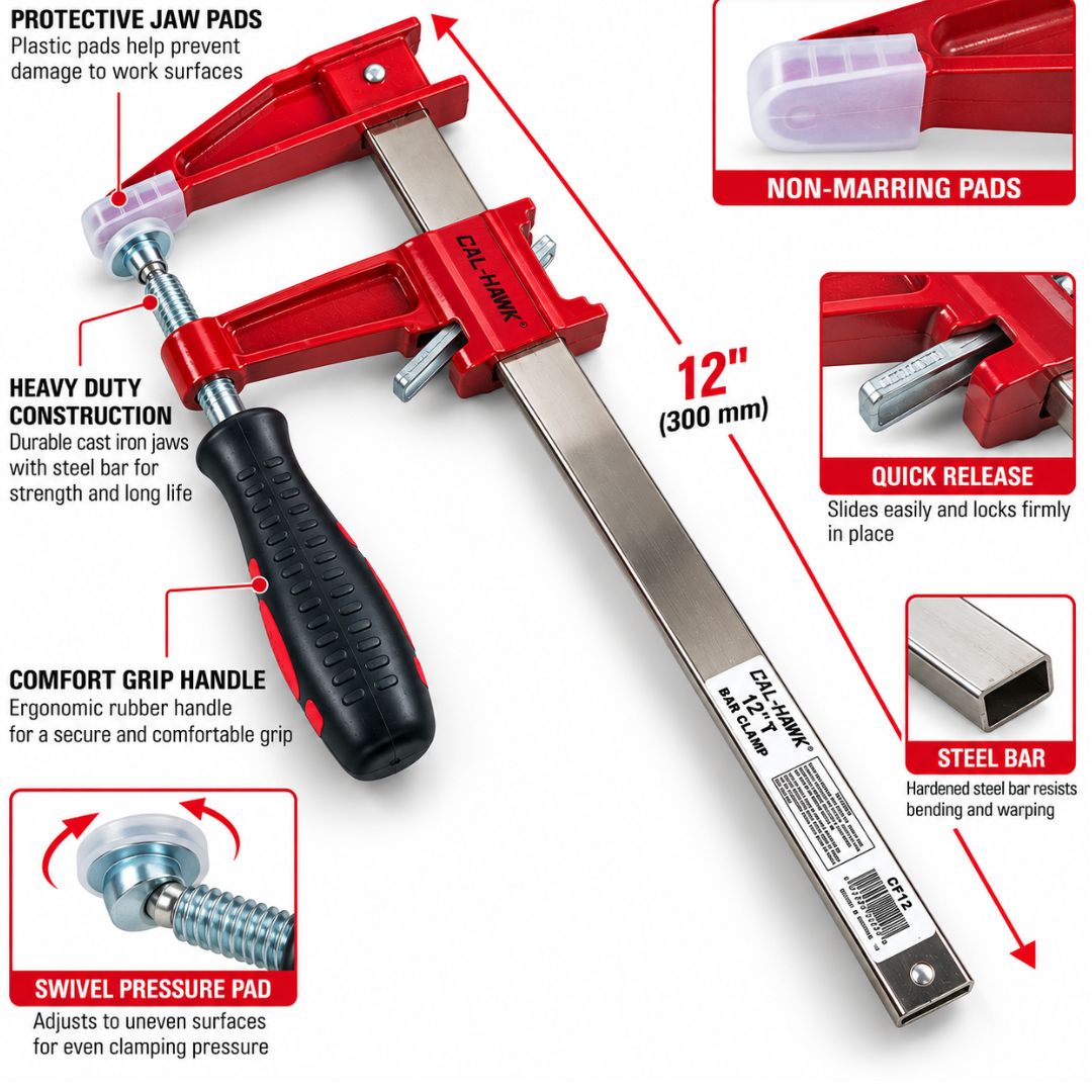 12-Inch Heavy Duty F-Style Bar Clamp, Steel Bar with Quick Release, Adjustable Sliding Jaw, Non-Marring Pads & Ergonomic Grip for Woodworking and DIY Projects – CF12