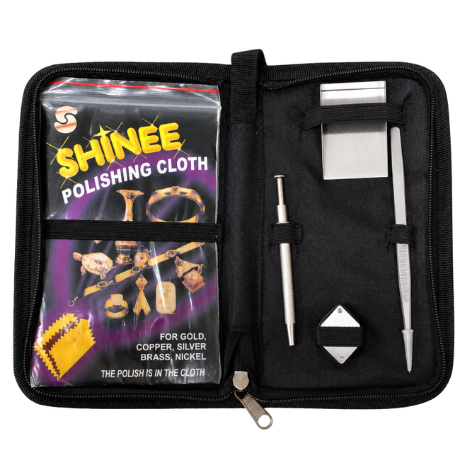 5-Piece Jeweler’s Gemstone Inspection Tool Kit with 10X Loupe, Tweezers, 4-Prong Pickup Tool, Gem Shovel, Polishing Cloth and Zippered Case – TJ100-5