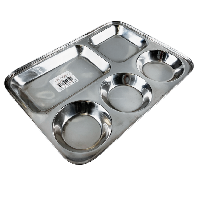 5 Compartment Stainless Steel Dinner Plate – 13.25"x10" Rectangular Food Tray – Rust-Resistant, Durable & Reusable – Ideal for Camping, Kids, Cafeteria, or Party Serving