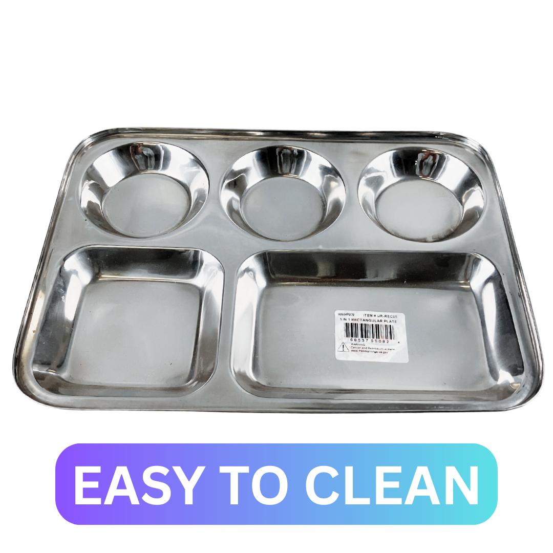 5 Compartment Stainless Steel Dinner Plate – 13.25"x10" Rectangular Food Tray – Rust-Resistant, Durable & Reusable – Ideal for Camping, Kids, Cafeteria, or Party Serving