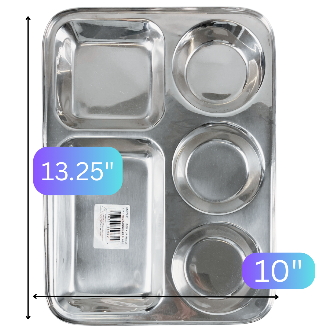 5 Compartment Stainless Steel Dinner Plate – 13.25"x10" Rectangular Food Tray – Rust-Resistant, Durable & Reusable – Ideal for Camping, Kids, Cafeteria, or Party Serving