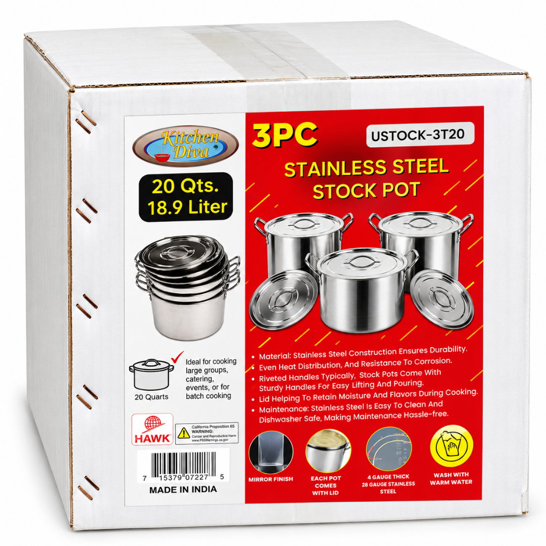 20 Quart Stainless Steel Stock Pot Set of 3 with Lids, Large Capacity Cooking Pots with Riveted Handles for Soups, Stews, Boiling, Catering & Commercial Kitchens – USTOCK-3T20