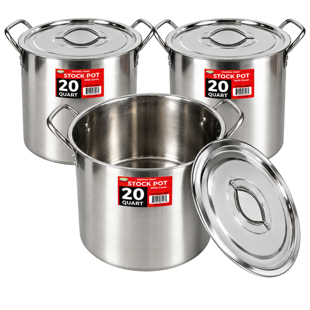 20 Quart Stainless Steel Stock Pot Set of 3 with Lids, Large Capacity Cooking Pots with Riveted Handles for Soups, Stews, Boiling, Catering & Commercial Kitchens – USTOCK-3T20