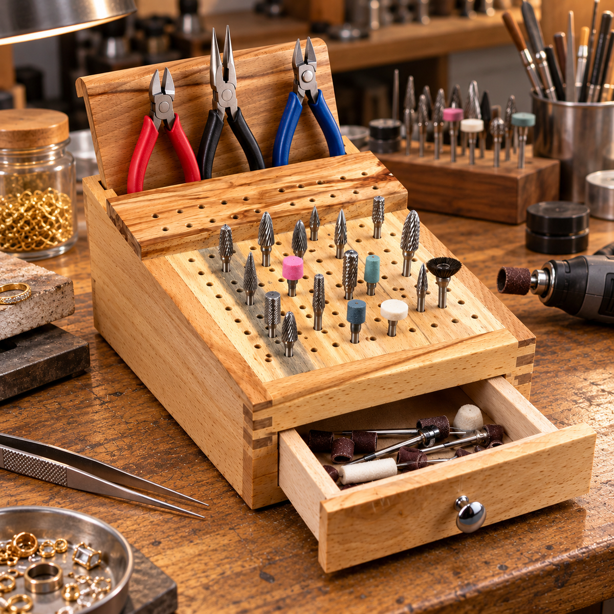 Wooden Bur and Plier Organizer with Drawer – 120 Hole Hardwood Rotary Tool Bit Holder, Jewelry Making Tool Storage Stand for Burs, Drill Bits, Polishing Accessories and Pliers