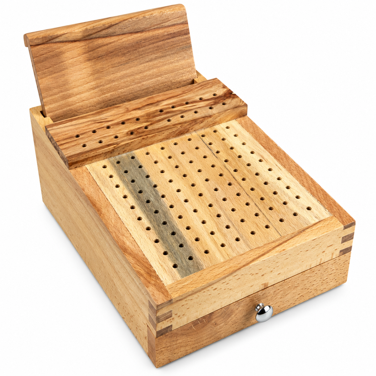Wooden Bur and Plier Organizer with Drawer – 120 Hole Hardwood Rotary Tool Bit Holder, Jewelry Making Tool Storage Stand for Burs, Drill Bits, Polishing Accessories and Pliers
