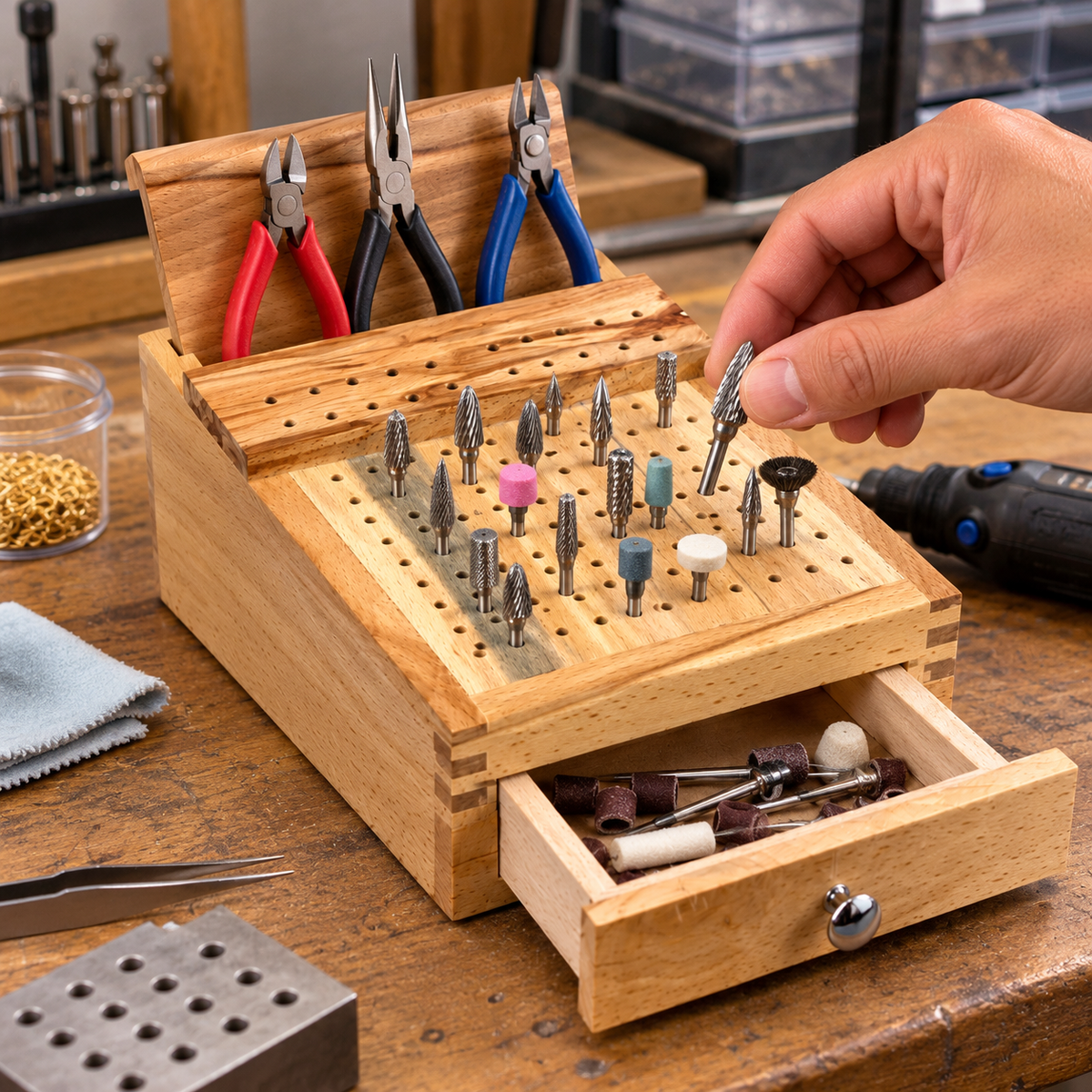 Wooden Bur and Plier Organizer with Drawer – 120 Hole Hardwood Rotary Tool Bit Holder, Jewelry Making Tool Storage Stand for Burs, Drill Bits, Polishing Accessories and Pliers