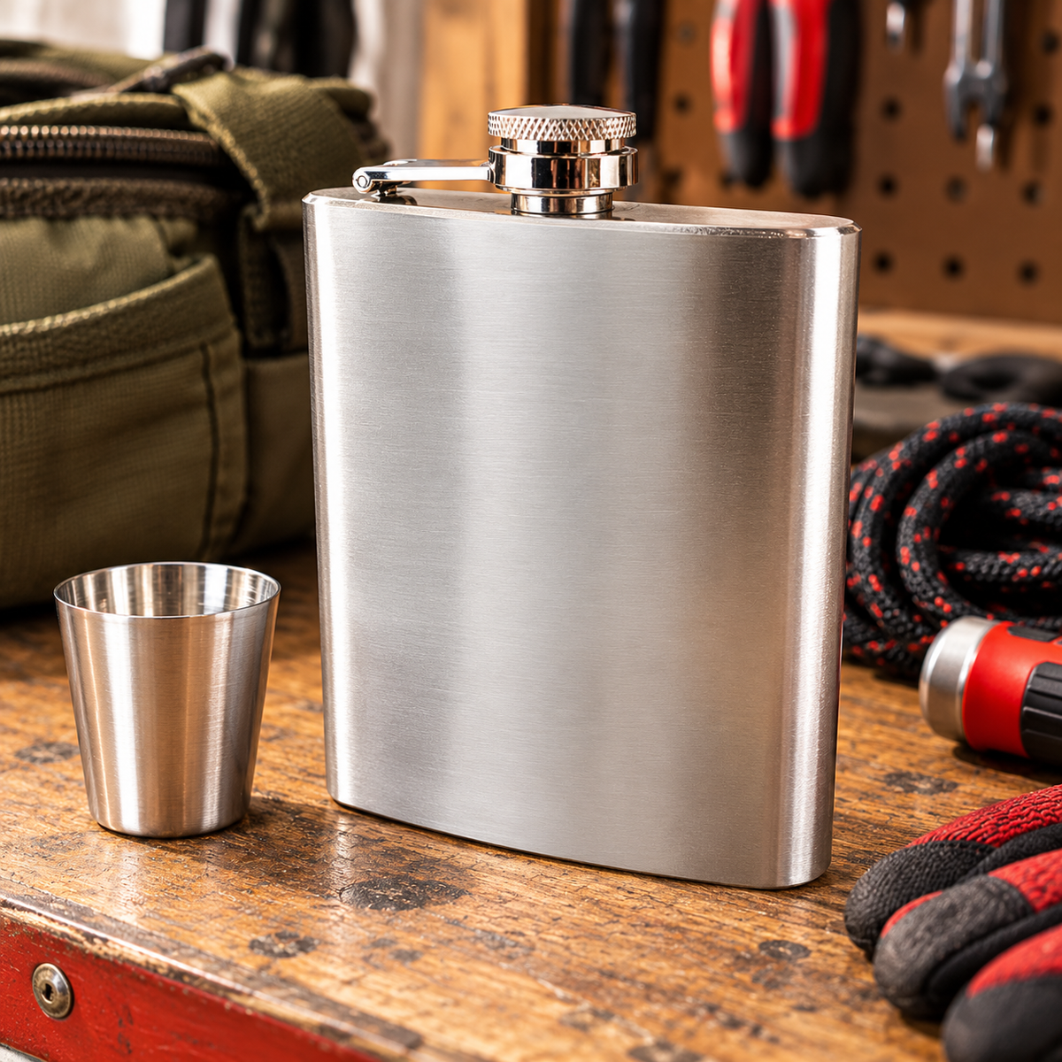 8 oz Stainless Steel Hip Flask with Attached Screw Cap – Brushed Silver Finish, Portable Pocket Flask for Camping, Travel, Outdoor Activities & Gifts