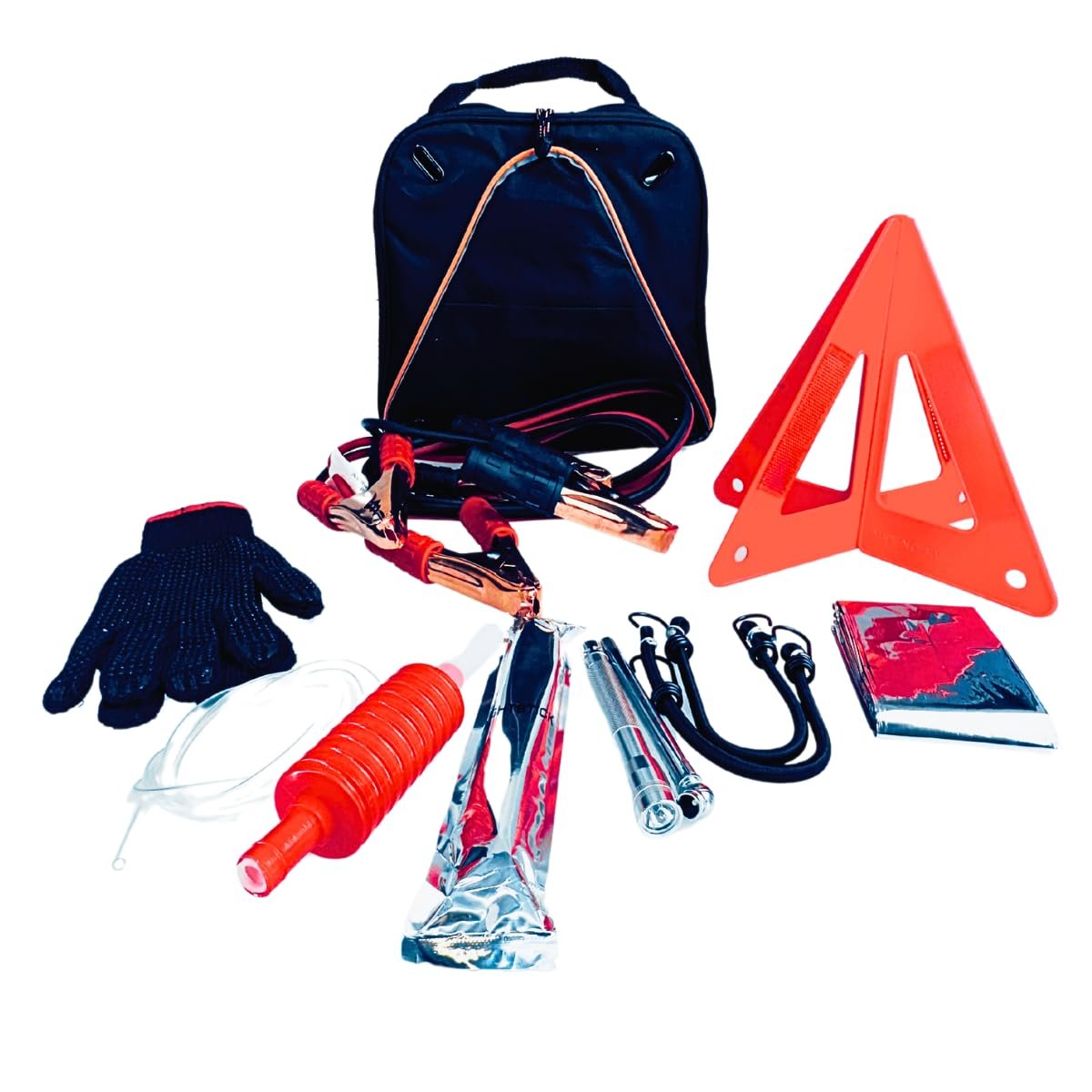 ROAD GENIE 12-Piece Roadside Emergency Tool and Auto Kit with Jumper Cables, Warning Triangle, Gas Siphon, Mylar Blanket, Bungee Cords, Glow Sticks, Gloves, Flashlight, Tire Gauge, Carrying Case