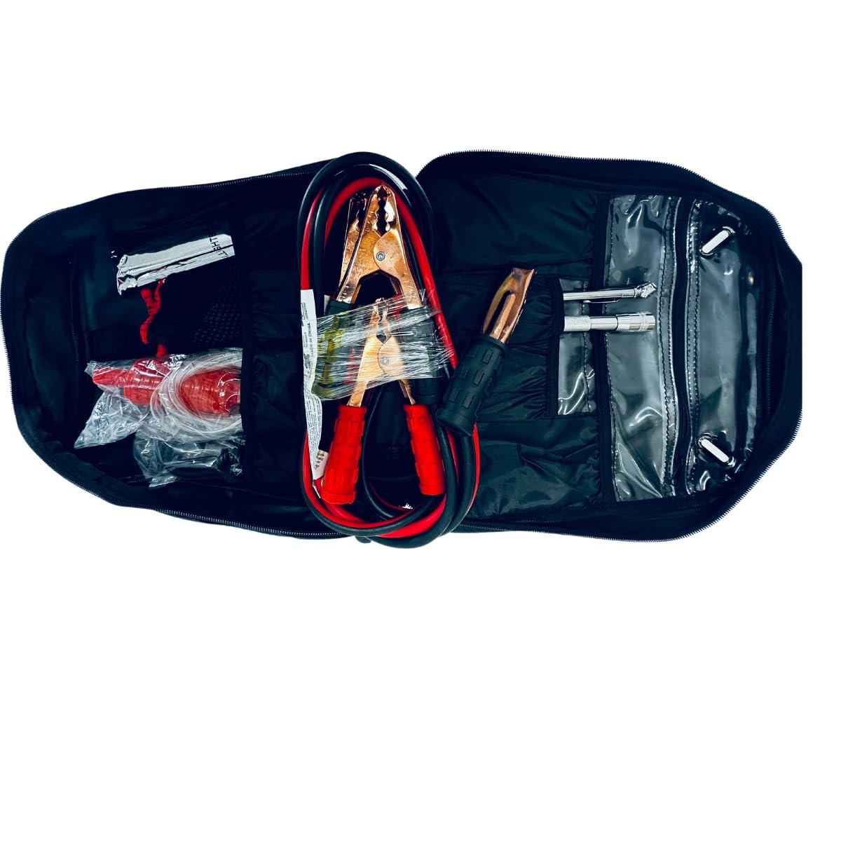 ROAD GENIE 12-Piece Roadside Emergency Tool and Auto Kit with Jumper Cables, Warning Triangle, Gas Siphon, Mylar Blanket, Bungee Cords, Glow Sticks, Gloves, Flashlight, Tire Gauge, Carrying Case