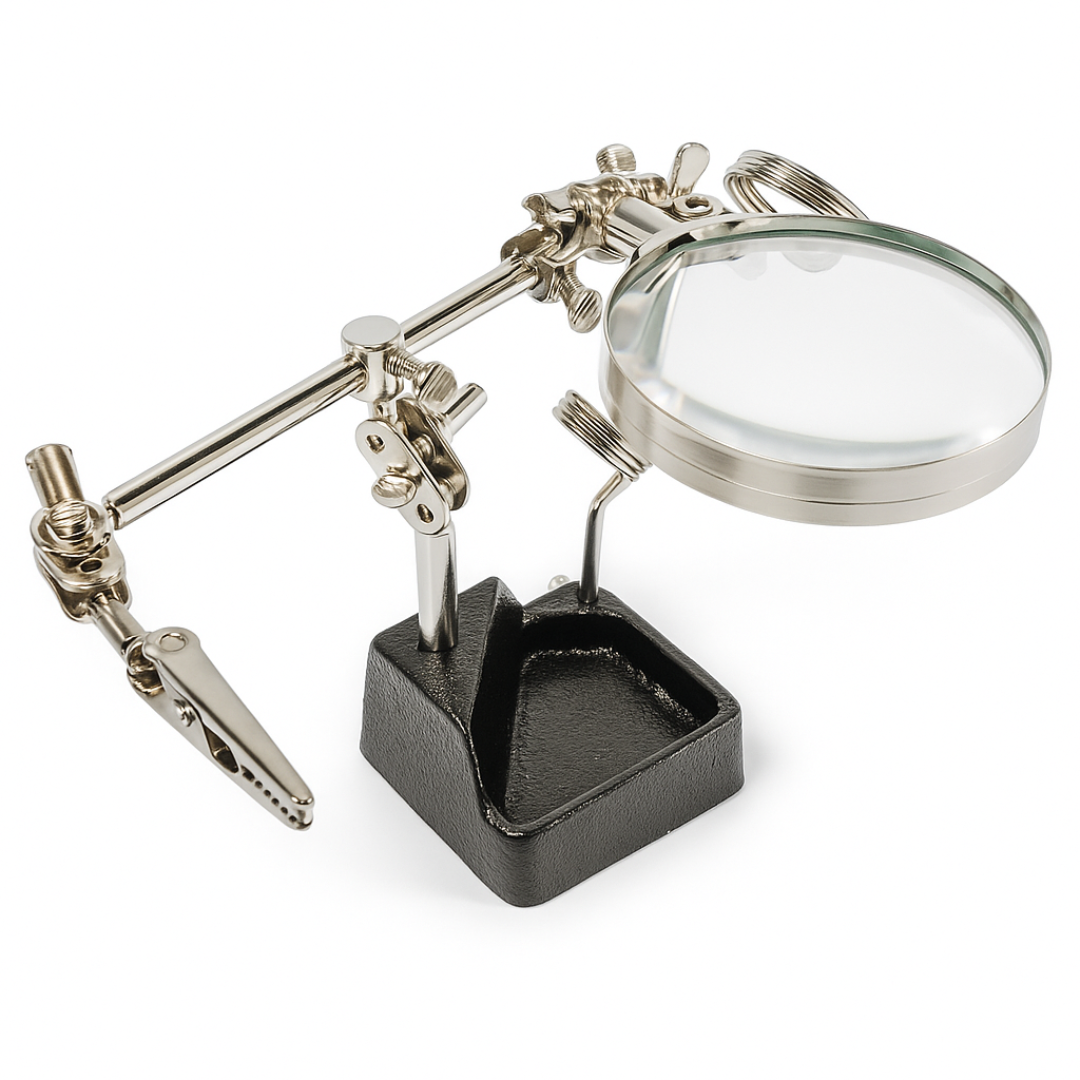 Helping Hand Magnifier with Tool Holder – 2.5" 2X Glass Lens, Adjustable Alligator Clips, Weighted Cast Iron Base with Storage Tray – Soldering & Jewelry Workstation