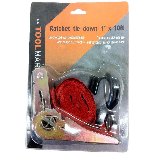 1 Piece Ratchet Tie Down, Nylon Straps - 1" x 10' - TA7915-YH - ToolUSA