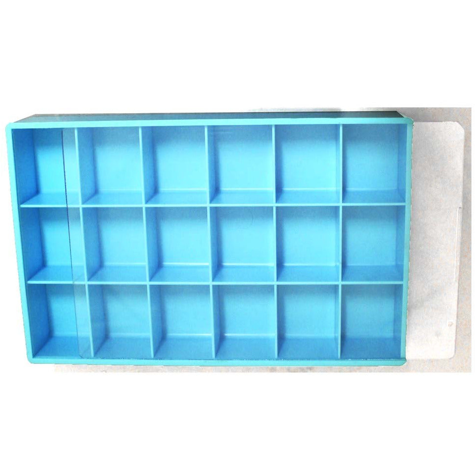 10-1/4 X 6-3/4 X 1-3/4 Inch - 18 Compartment Blue Plastic Tray With Clear Plastic Sliding Lid - TJ-29367 - ToolUSA