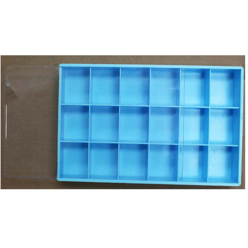 10-1/4 X 6-3/4 X 1-3/4 Inch - 18 Compartment Blue Plastic Tray With Clear Plastic Sliding Lid - TJ-29367 - ToolUSA