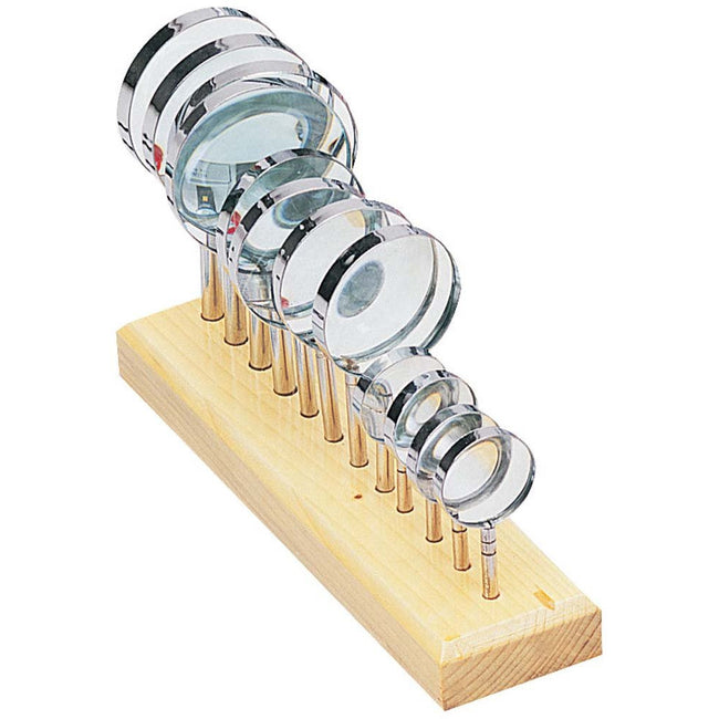 12 Pc Magnifier Display In Wood Rack: 4 Each Of: 1.5", 2", & 3" Diameter With Wood Handles - MG-68500 - ToolUSA