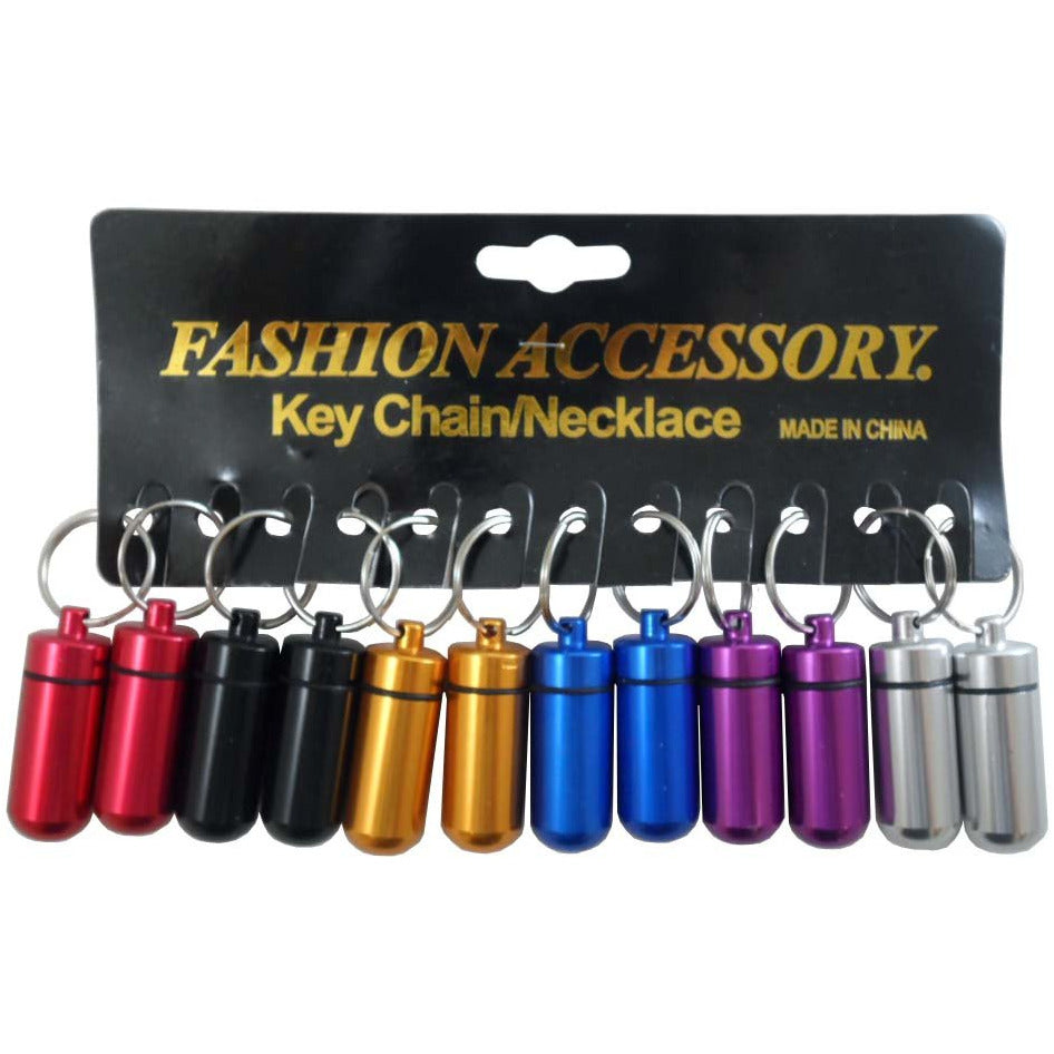 12 Piece Aluminum 1 1/2 inch Containers With Key Rings On A Display Ca ...