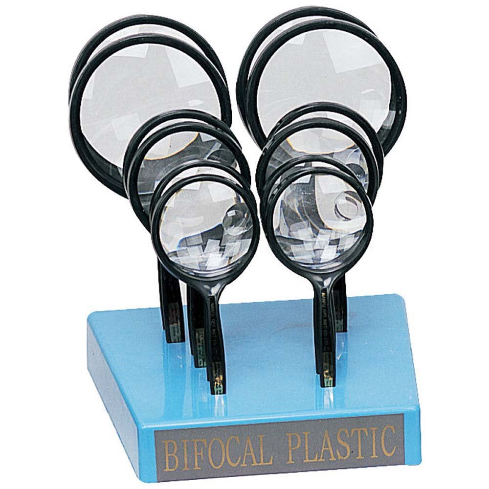 12 Piece Magnfiier Display With Plastic Bifocal Lenses (2x and 4X), 2 Each In 2", 3", & 4" - MG-07522 - ToolUSA