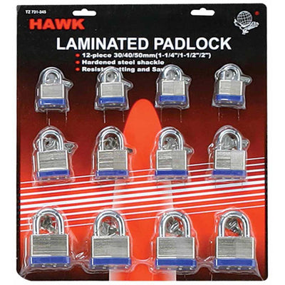 12 Piece Set Of Laminated Padlocks In 3 Sizes: 30, 40, and 50 MM- Set of 4 In Each Size - LOCK-73134 - ToolUSA