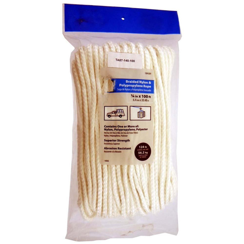 1/4" X 100' Package Of Multi-Purpose White Diamond Braid Rope - TA87140-100 - ToolUSA