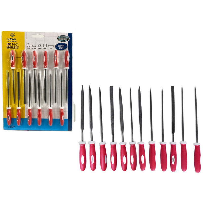 140mm X 3mm Mini 12 Piece Needle File Set With Plastic Handles - F-90342 - ToolUSA