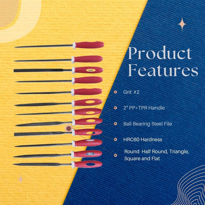 140mm X 3mm Mini 12 Piece Needle File Set With Plastic Handles - F-90342 - ToolUSA