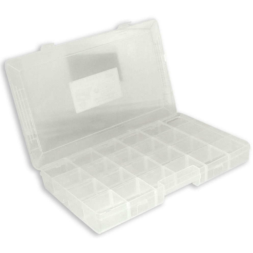 15"x9"x2" Clear Plastic, 24-Compartment Craft Or Bead Organizer Box With Hinged Lid - MJ-02084 - ToolUSA