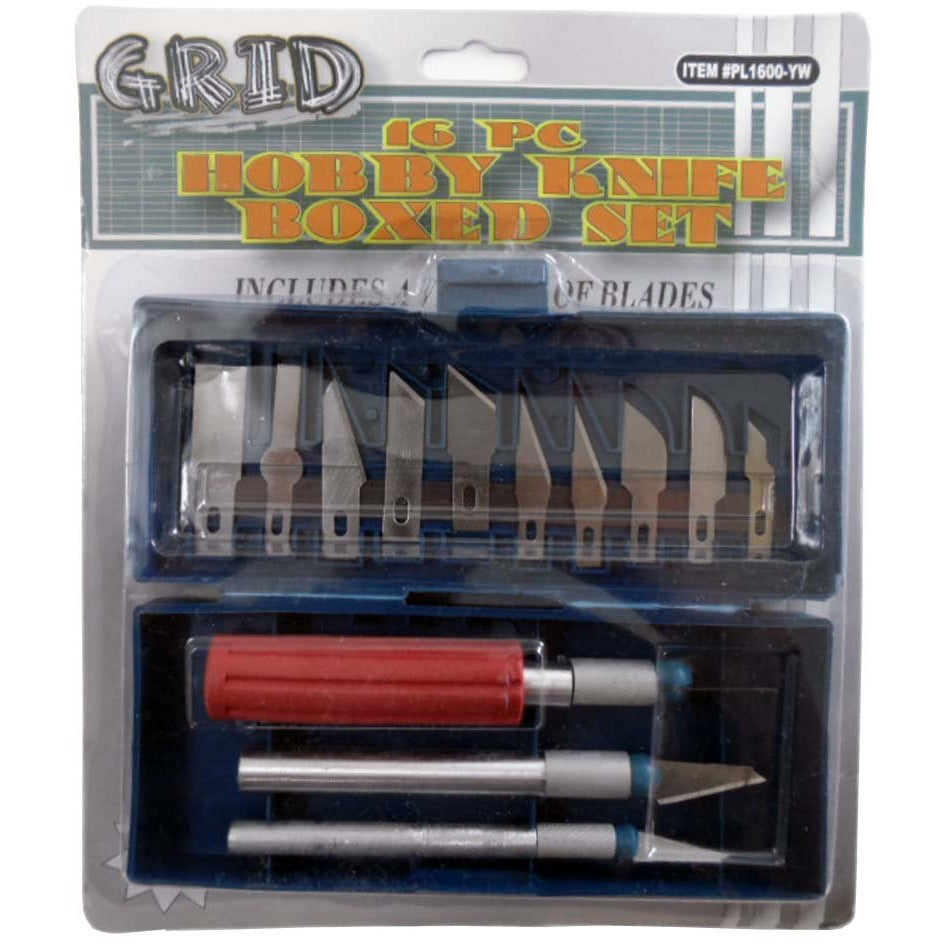 16 Piece Hobby Knive Set - 13 Blades - 3 Handles & Custom Fit Storage Box - PL-PL1600-YW - ToolUSA