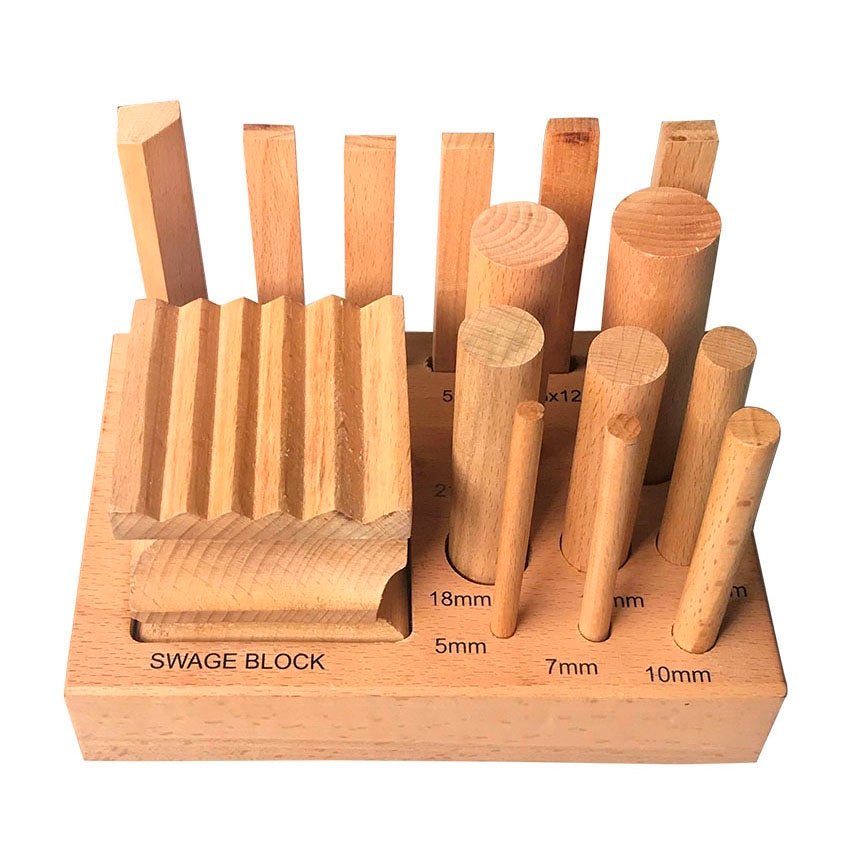 16 Piece Wooden Swage Block Set With Various Shaped Punches - TJ-43352 - ToolUSA