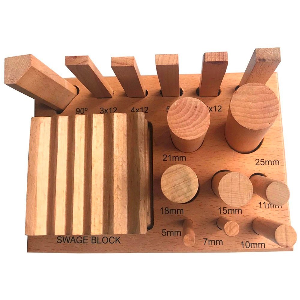 16 Piece Wooden Swage Block Set With Various Shaped Punches - TJ-43352 - ToolUSA