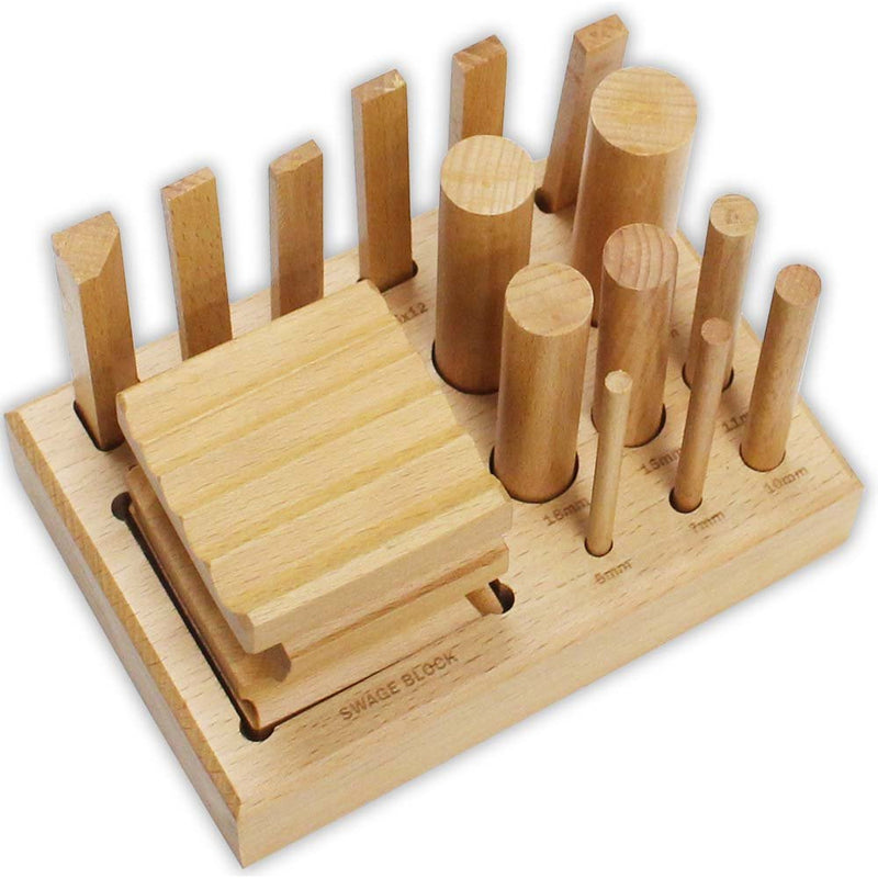 16 Piece Wooden Swage Block Set With Various Shaped Punches - TJ-43352 - ToolUSA