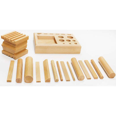 16 Piece Wooden Swage Block Set With Various Shaped Punches - TJ-43352 - ToolUSA