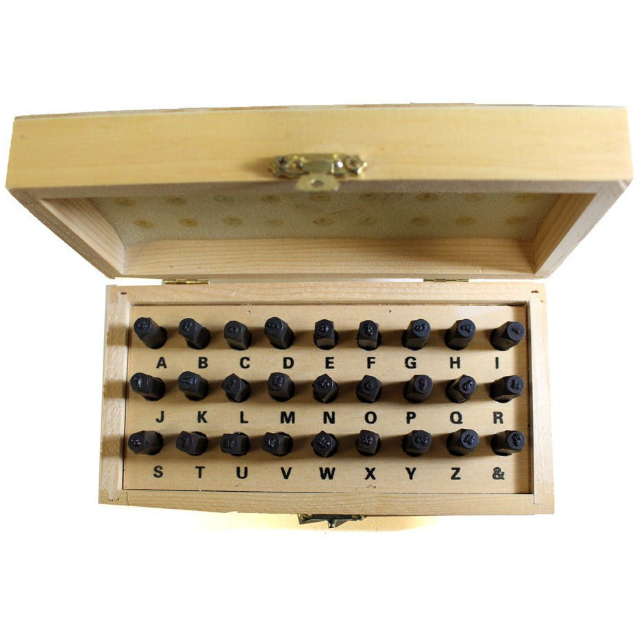 1/8" LETTER SET LOWER CASE FANCY SCRIPT 1/4" PUNCHES IN WOODEN BOX - NL-28492 - ToolUSA