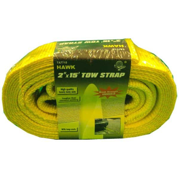 2 Inch Wide X 15 Feet Long Bright Yellow Tow Strap With Black Loop Ends - TA-07715 - ToolUSA