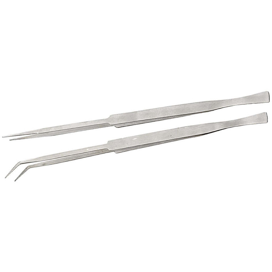 2 Piece Set of 12 Inch Tweezers With Pointed Tips-Both Straight And Angled - S-99520 - ToolUSA