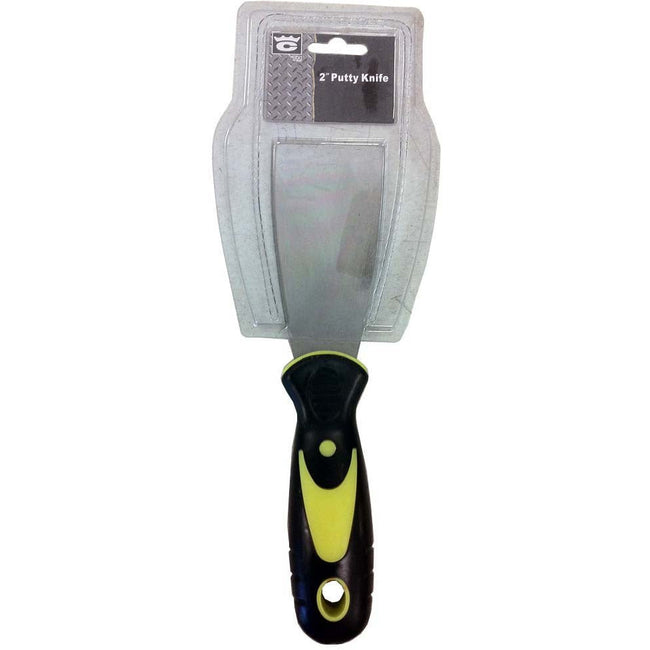 2" Wide Steel Putty Knife With Rubberized, Ergonomic Safety Handle, 8" Overall - TZ1130-2-YH - ToolUSA