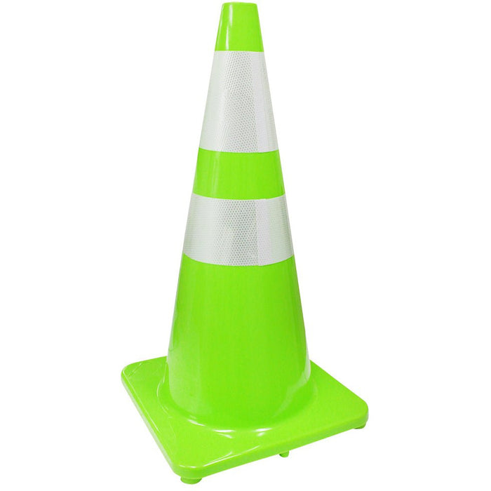 28 Inch Neon Green Safety Cone - 2 White Fluorescent Strips - ST28-G - ToolUSA