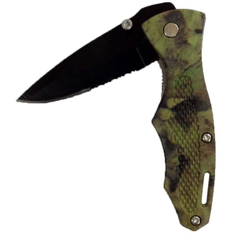 3 Inch Blade Knife With Black 1/2 Serrated Blade- With Woodland Camouflage Handle - PK-14369 - ToolUSA