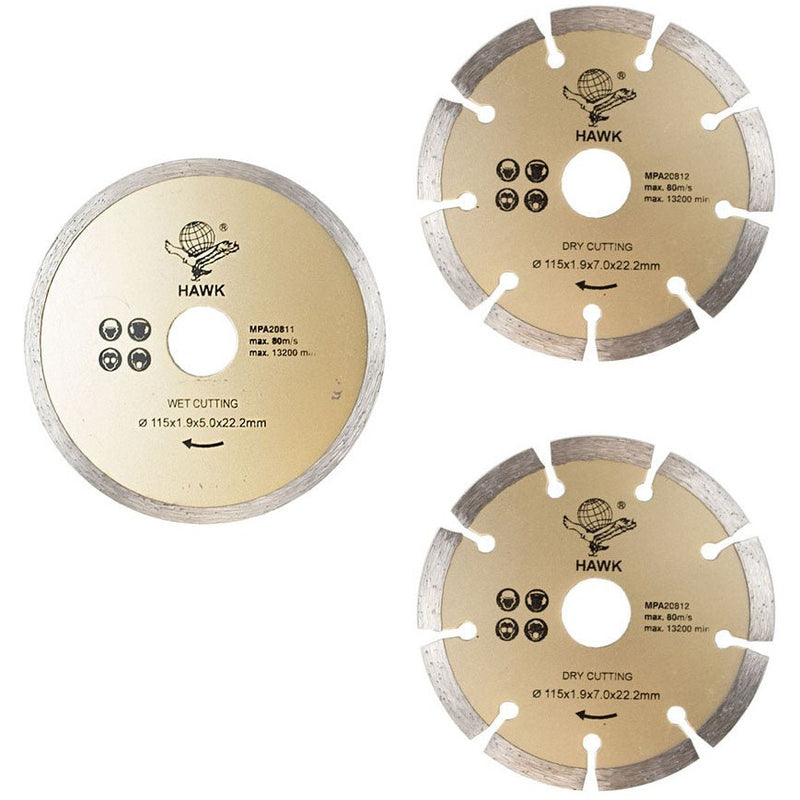 3 Piece Diamond Cutting Disc Set - Tile & Concrete - 2 Dry Cutters & 1 Wet Cutter, 115mm - TJ-07533 - ToolUSA