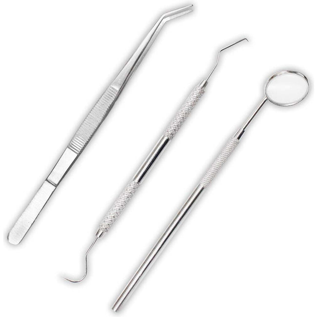3 Piece Set Of Precision Stainless Steel Tools Including A Mirror, Double Ended Pick & Tweezers - S9286 - ToolUSA