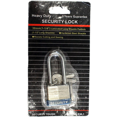 30mm Laminated Long Shackle Padlock, 2 Keys - LOCK-17313 - ToolUSA