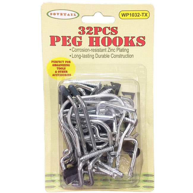 32 Piece Set Of Peg Board Hooks In Various Shapes and Sizes - WP1032-TX - ToolUSA