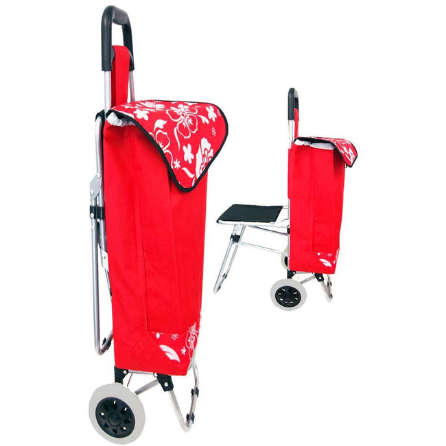 36 Inch Rolling Shopping Cart with a Draw-String Bag and Fold Down Seat - TC-17411 - ToolUSA