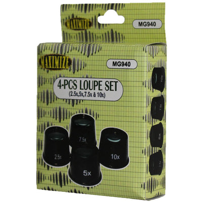 4 Piece Black Jeweler's Loupe Set - 2.5X, 5X, 7.5X, and 10X Power - MG-18411 - ToolUSA